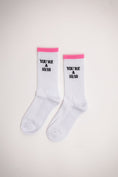 Load image into Gallery viewer, White socks with pink accents and text on a light beige background - Thread Vision Client Spotlight, 10/10 Deanna Giulietti
