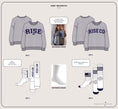 Load image into Gallery viewer, Product design sheet for 'RISE' merchandise with sweaters and socks. - Thread Vision Spotlight, Hill x Sarah, Sarah Hill