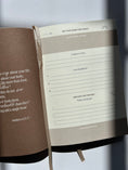 Load image into Gallery viewer, Open notebook with lined pages and text on a gray background - Thread-Vision-Karina-Faith-Diaries