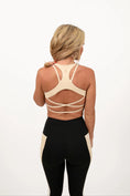 Load image into Gallery viewer, Woman wearing a beige sports bra and black leggings on a white background - Thread Vision Spotlight, Day 1 Fitness, Kaylee Rogers