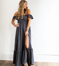 Load image into Gallery viewer, Woman wearing a gray off-shoulder dress with a slit, standing against a white wall. - Thread Vision Spotlight, Hill x Sarah, Sarah Hill