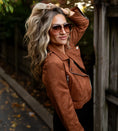 Load image into Gallery viewer, Woman wearing a brown suede jacket and sunglasses outdoors - Thread Vision Spotlight, Hill x Sarah, Sarah Hill 
