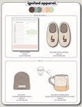 Load image into Gallery viewer, Product catalog featuring branded house slippers, a day planner, a beanie with a leather patch, and a ceramic mug with a handle. - Thread Vision Spotlight, Ignited Apparel
