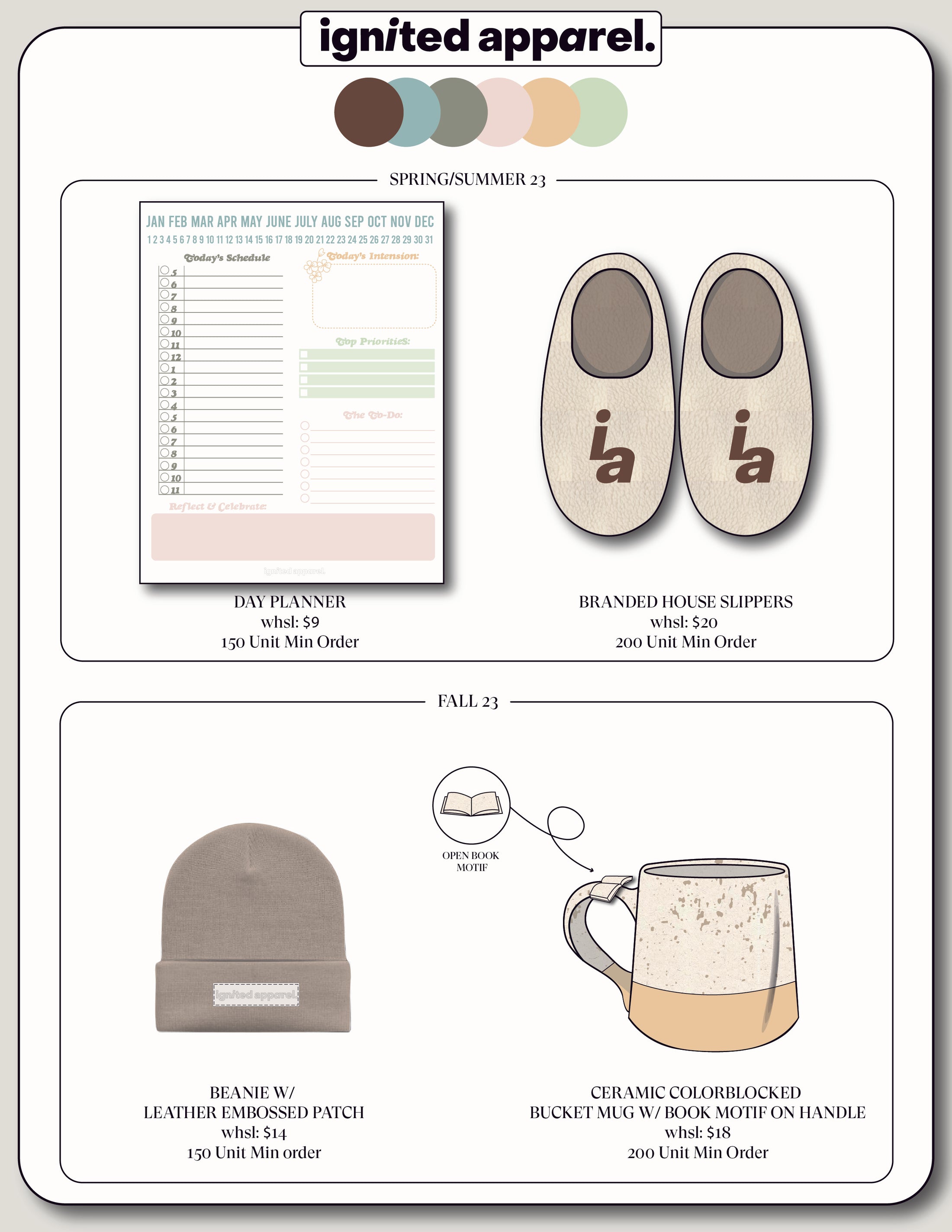 Product catalog featuring branded house slippers, a day planner, a beanie with a leather patch, and a ceramic mug with a handle. - Thread Vision Spotlight, Ignited Apparel