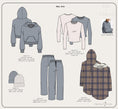 Load image into Gallery viewer, Fashion design sheet for fall clothing with various garments including a hoodie, pants, and a plaid jacket. - Thread Vision Spotlight, Hill x Sarah, Sarah Hill 
