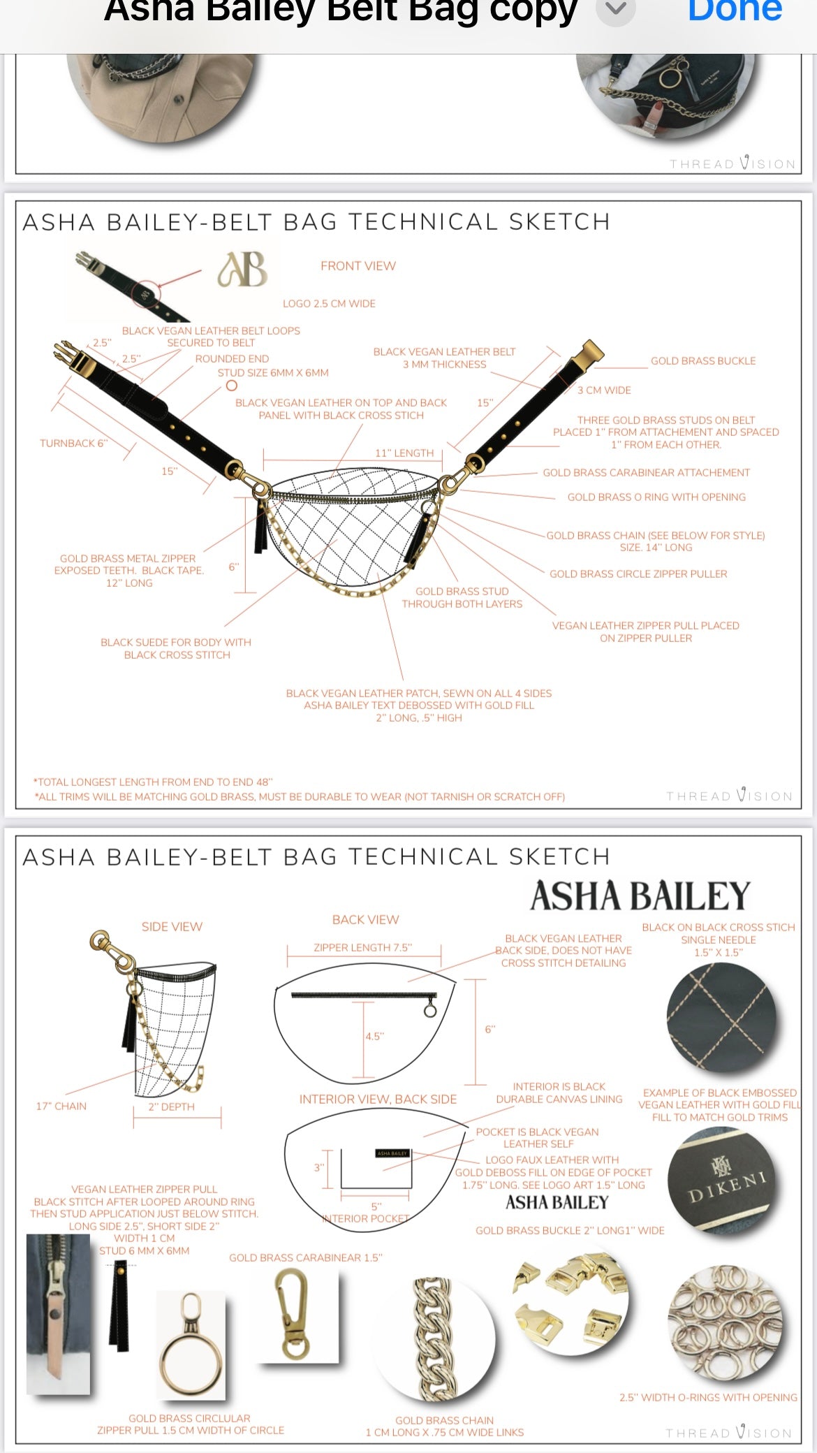 Technical sketch of Asha Bailey belt bag with brand logo and product images. - Thread Vision Client Spotlight