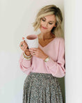 Load image into Gallery viewer, Woman in a pink blouse holding a mug against a plain background - Thread Vision Spotlight, Loverly Grey

