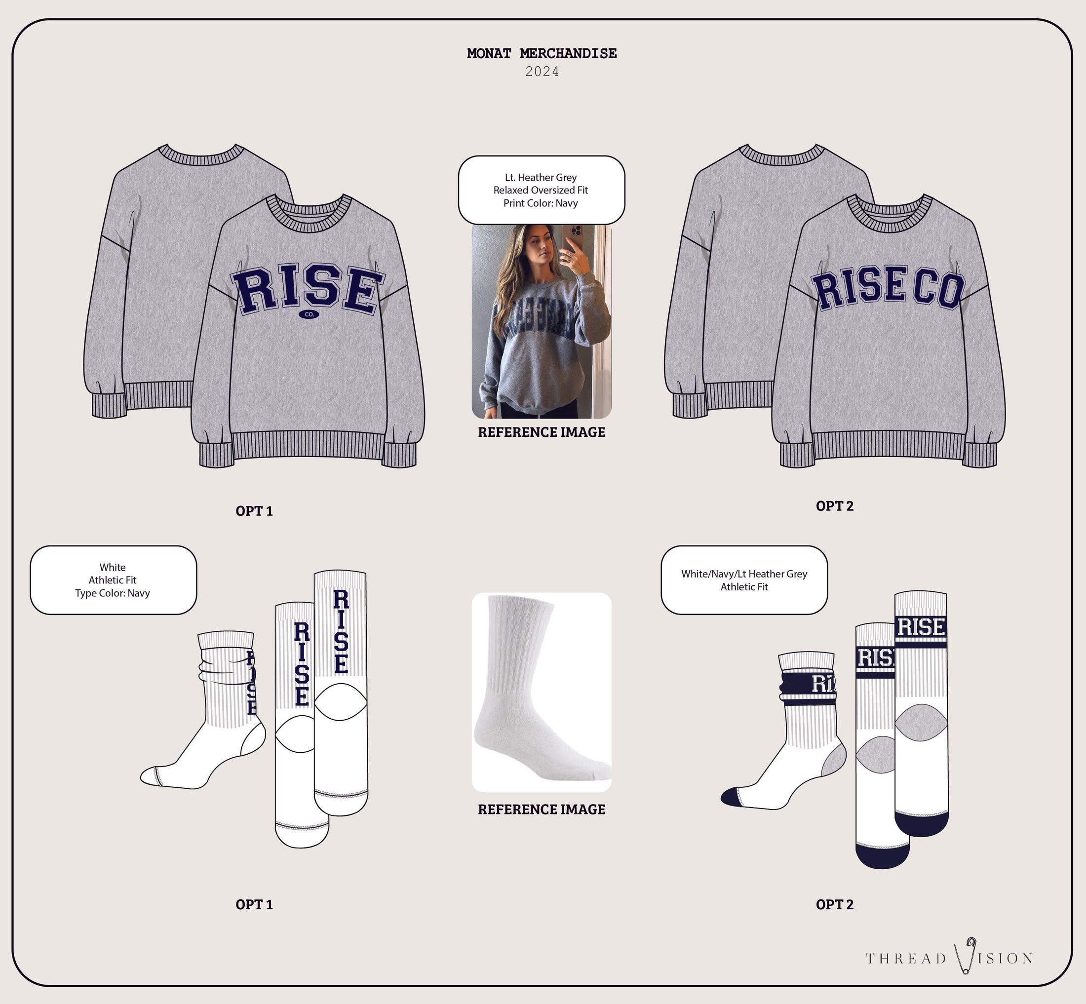 Product design sheet for 'RISE' merchandise with sweaters and socks. - Thread Vision Spotlight, Hill x Sarah, Sarah Hill 