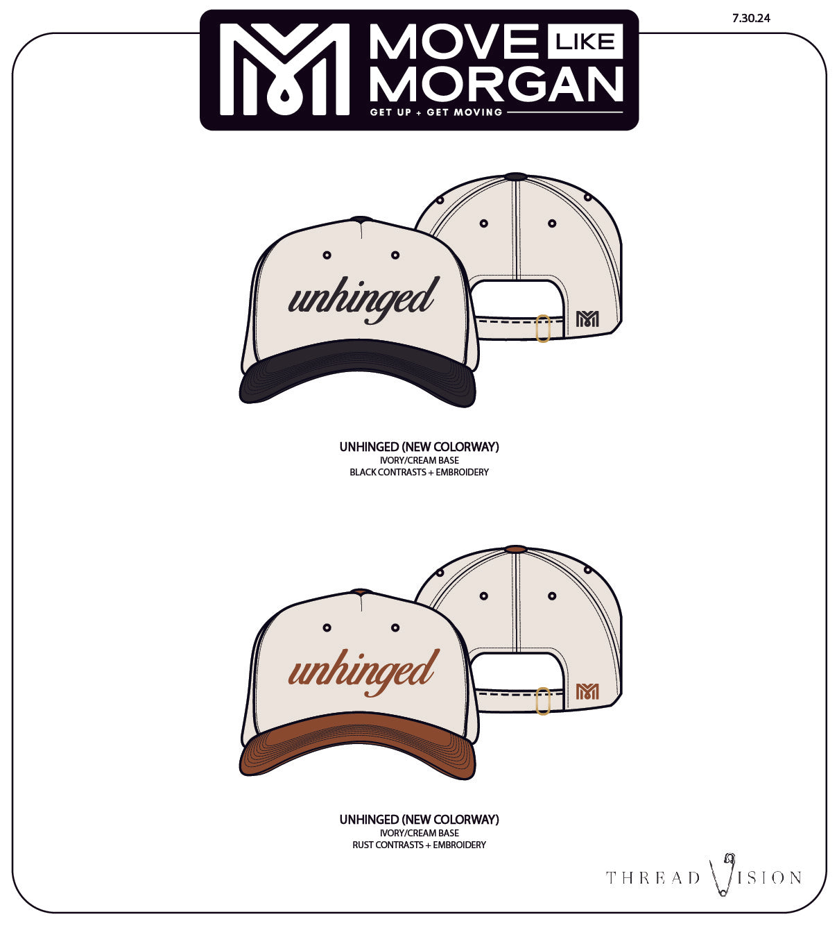 Three baseball caps with 'unhinged' text and 'Move Like Morgan' branding on a white background. - Thread Vision Spotlight, Move Like Morgan