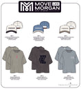 Load image into Gallery viewer, Product line-up with t-shirts and caps labeled 'Move Like Morgan' on a white background. - Thread Vision Spotlight, Move Like Morgan
