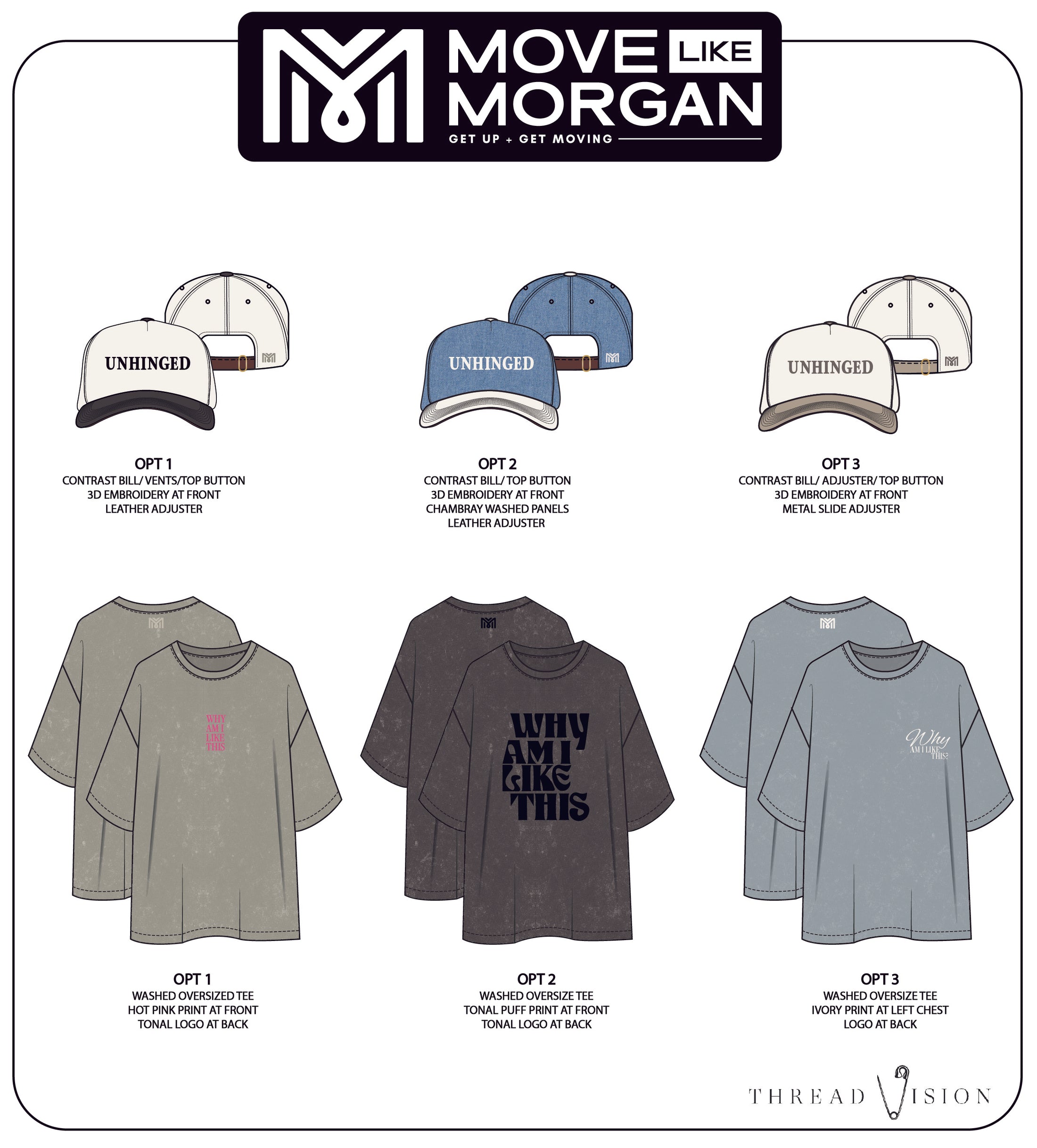 Product line-up with t-shirts and caps labeled 'Move Like Morgan' on a white background. - Thread Vision Spotlight, Move Like Morgan