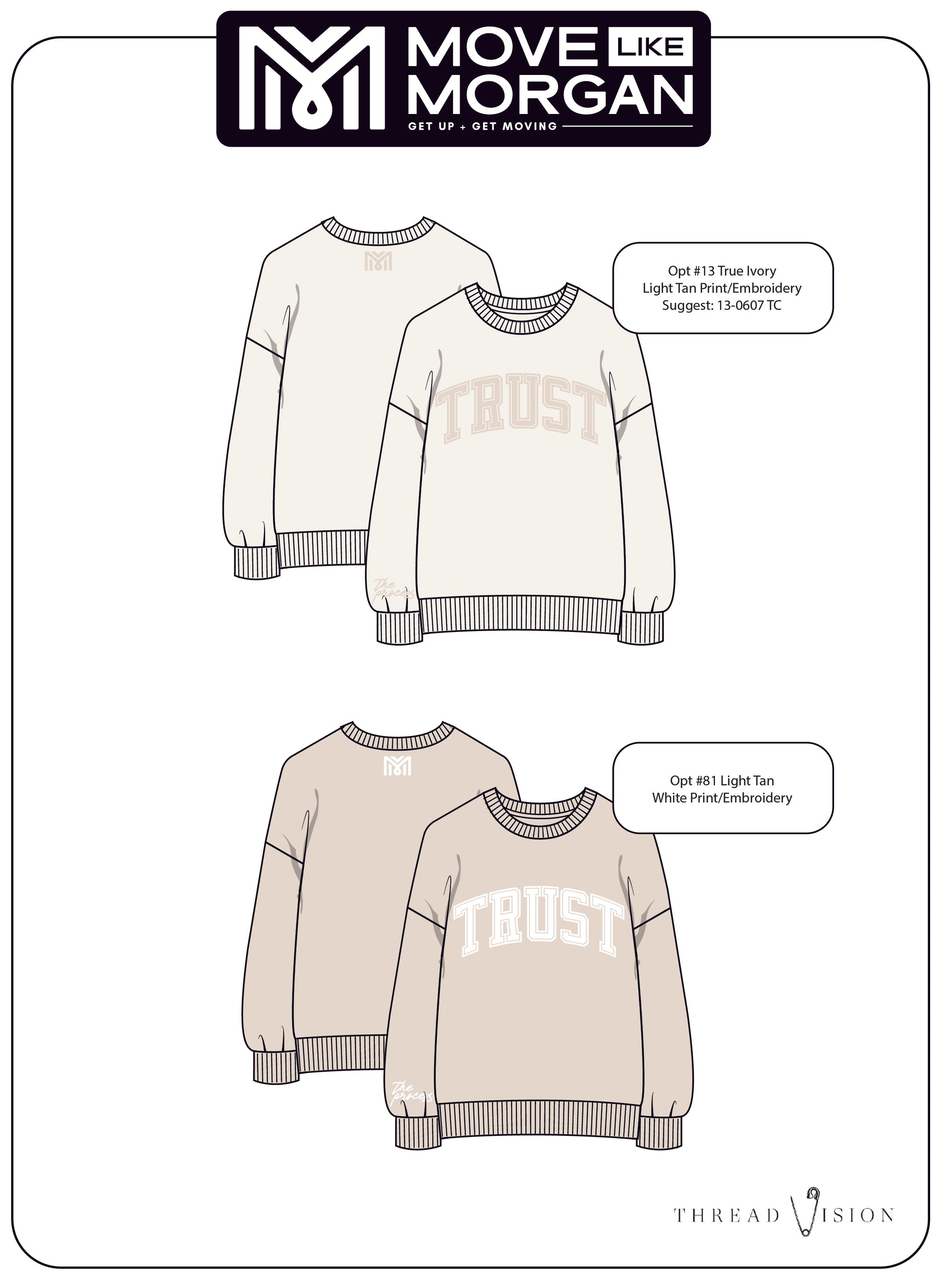 Three sweaters with 'Trust' text on a white background, branded 'Move Like Morgan'. - Thread Vision Spotlight, Move Like Morgan