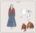 Load image into Gallery viewer, Fashion design illustration of a woman wearing a brown leather jacket with a blue dress, and the jacket's front and side views. - Thread Vision Spotlight, Hill x Sarah, Sarah Hill 
