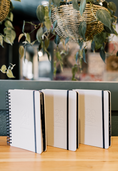 Load image into Gallery viewer, Three notebooks with striped covers on a wooden surface, with a blurred indoor background. - Thread Vision Client Spotlight, Skinny Hangover
