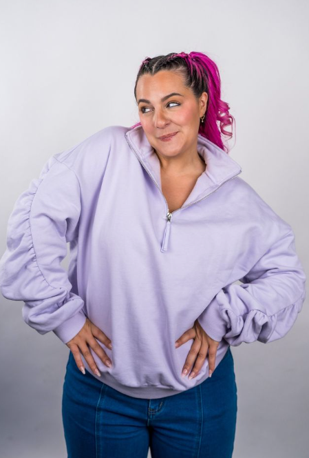 Person wearing a light purple pullover with a white background -   Thread Vision, Client 10/10 Deanna Giulietti