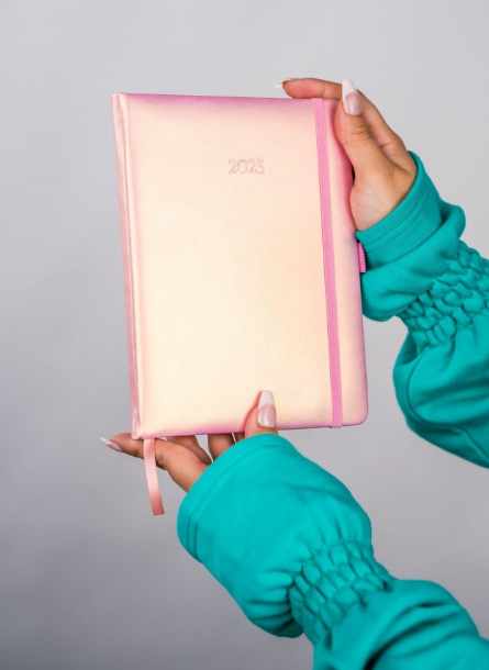Person holding a pink and gold planner against a gray background -  Thread Vision, Client 10/10 Deanna Giulietti