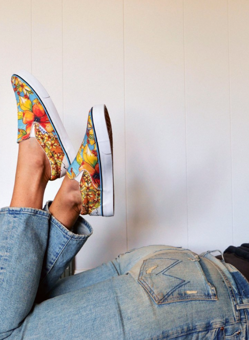Colorful floral-patterned shoes worn with light blue jeans against a white background  - Thread Vision, Client Goldfish Kiss