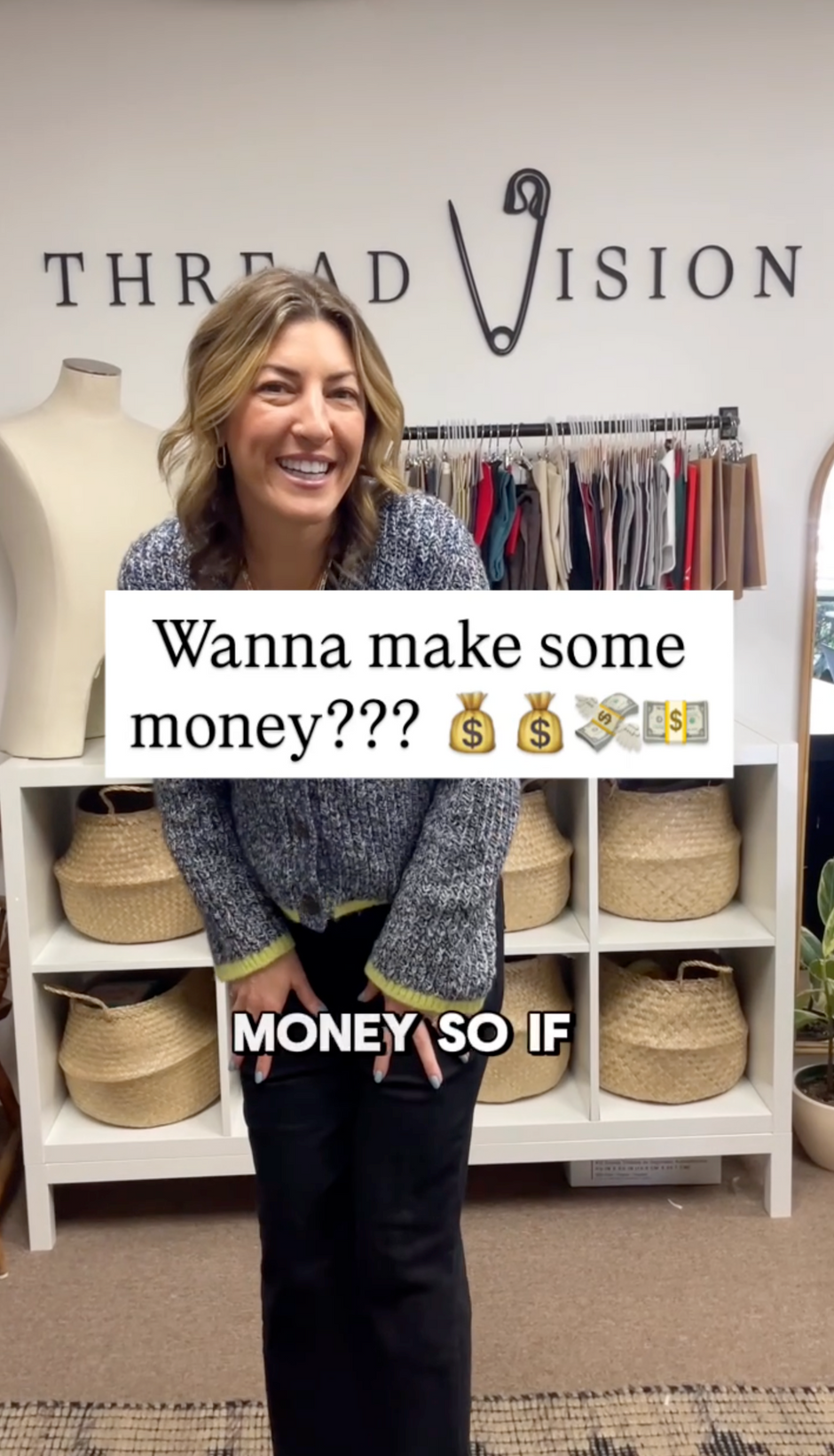 Person standing in front of a display with text overlay asking if you want to make money. - Thread Vision, Branded Photo