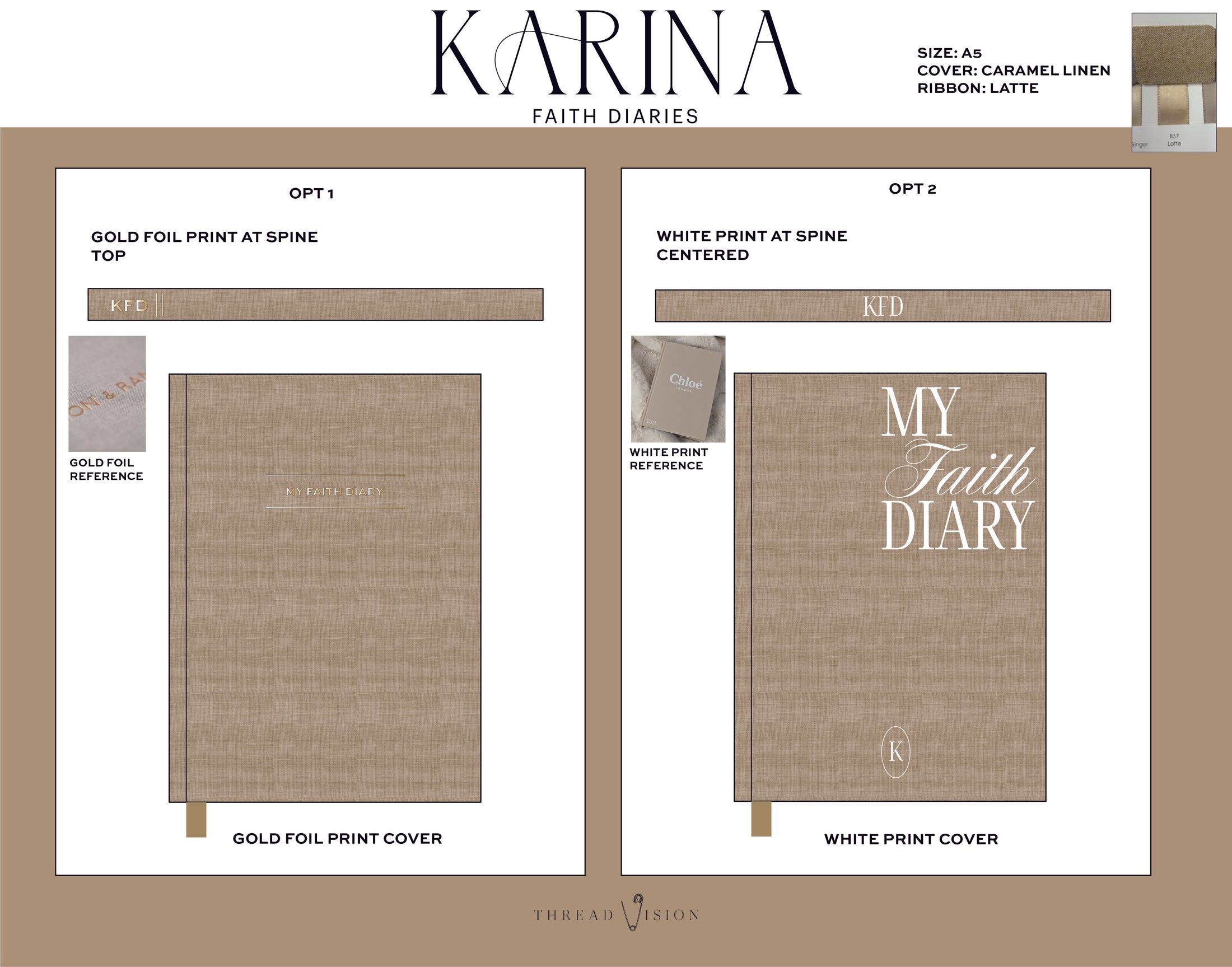 Design layout for 'KARINA FAITH DIARIES' with fabric swatches and text options. Thread Vision Spotlight